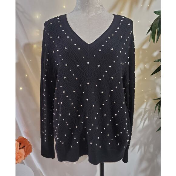 Chicos Womens Cable Knit Silver Studded V-Neck Pullover Sweater Size 2 L Black - Picture 1 of 8